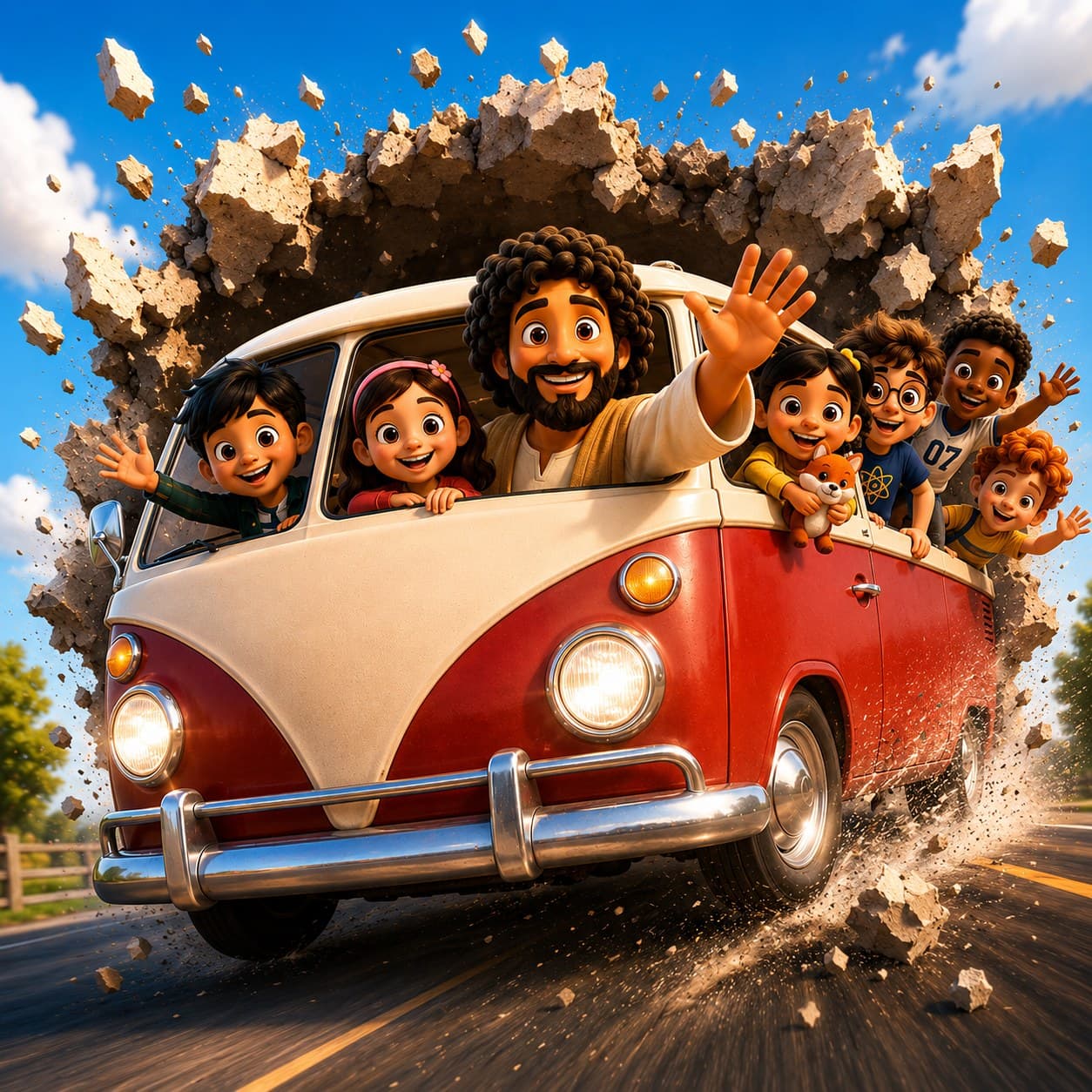 Jesus and the Carpool Crew waving from the red van