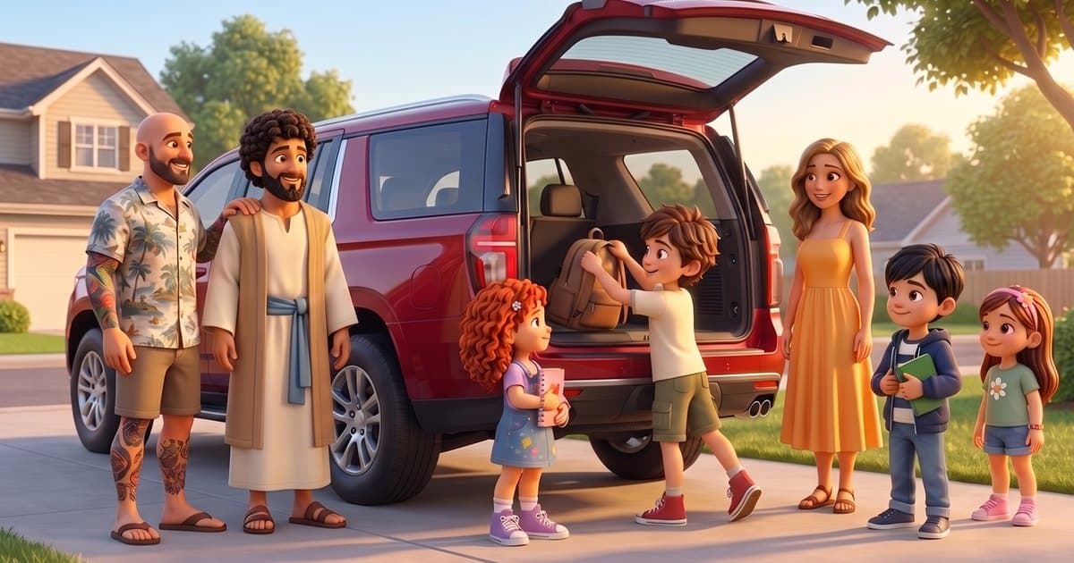 Jesus with a family at their car in the driveway, the kids loading backpacks for school