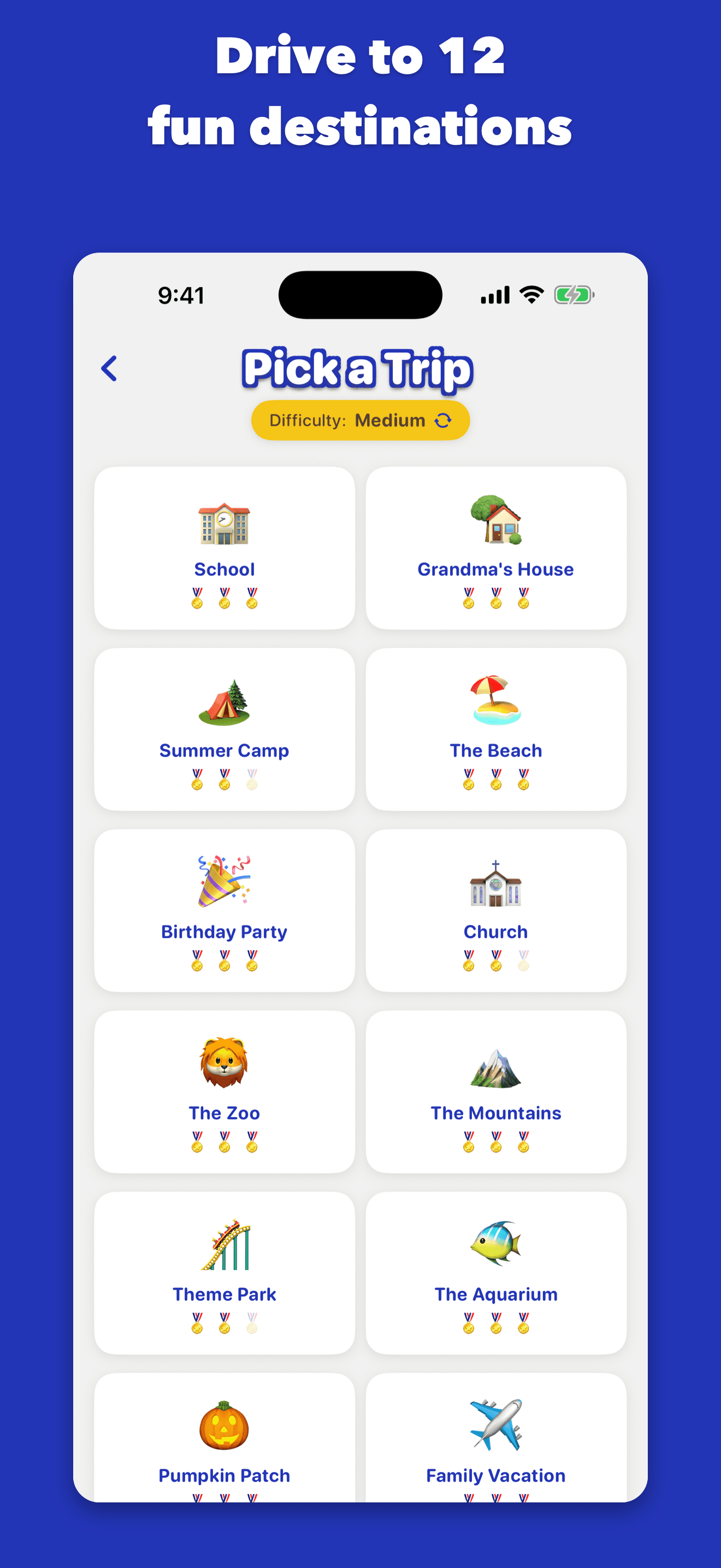 The Pick a Trip map with 12 destinations
