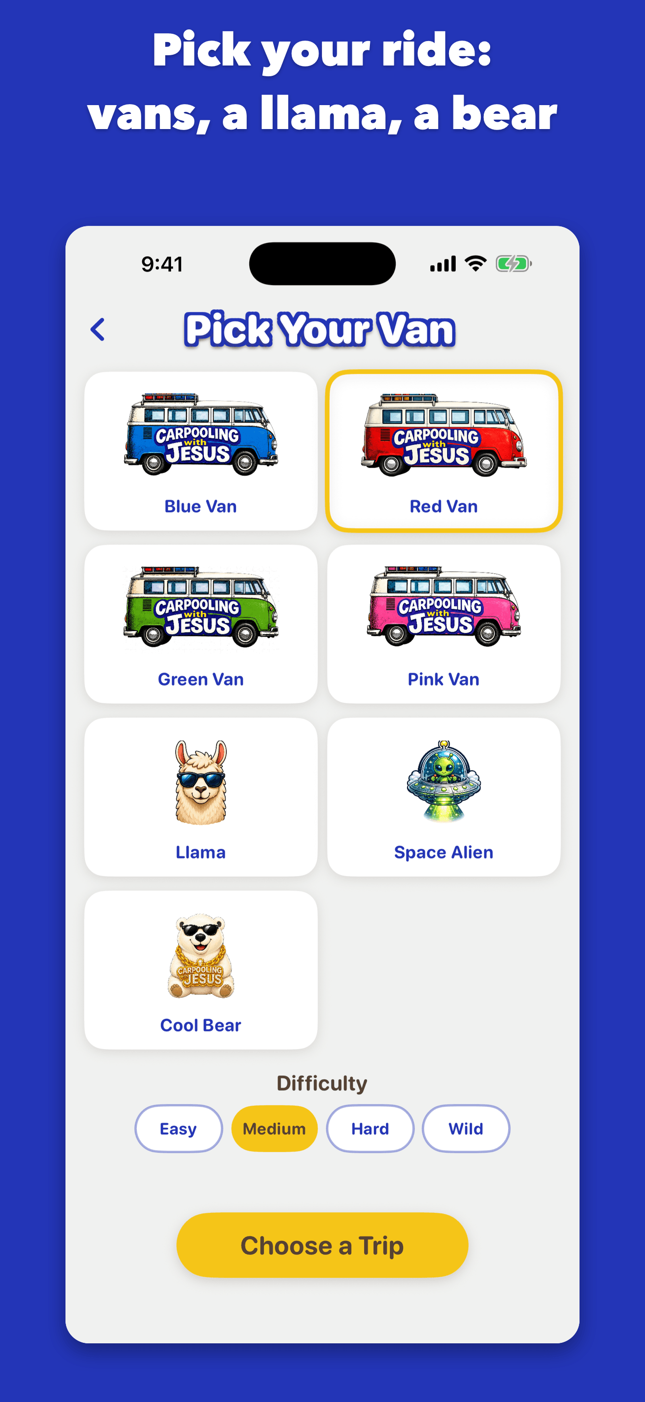 Pick Your Van screen with four van colors