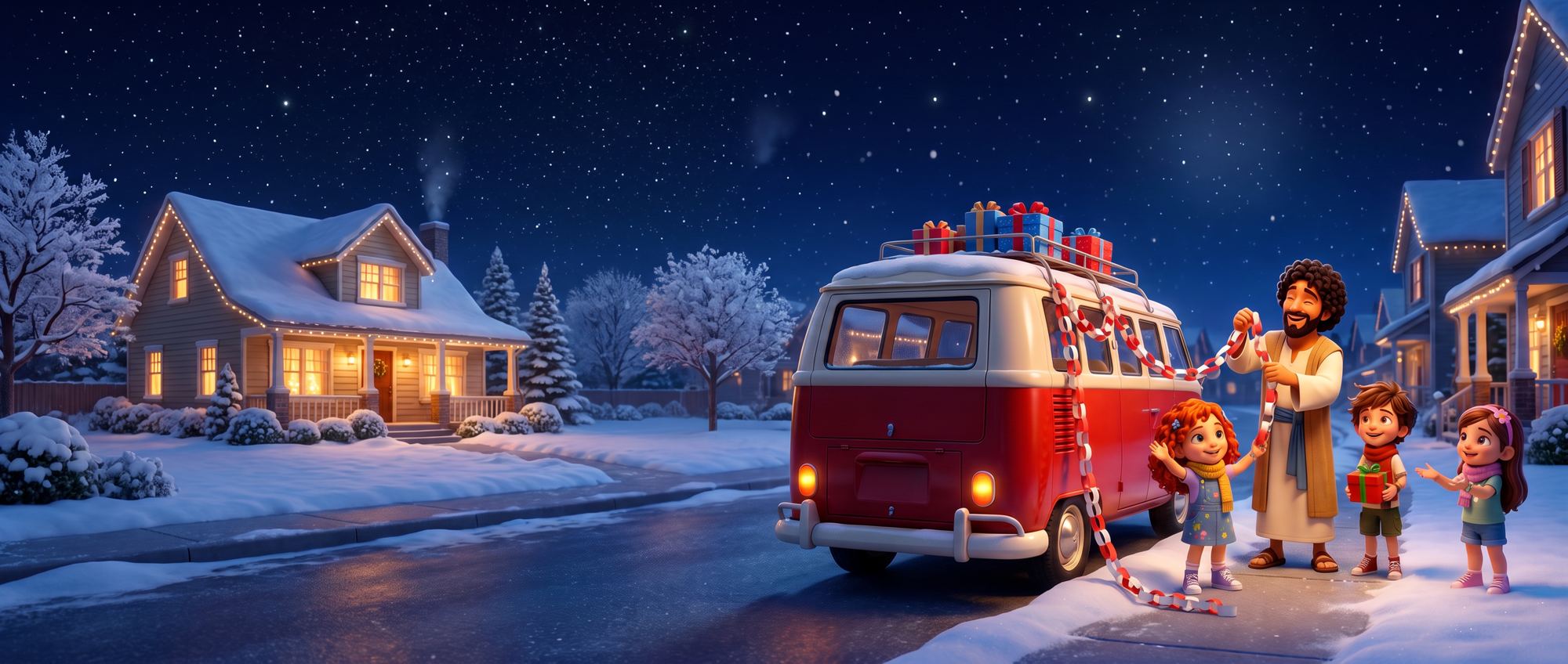 Jesus and the Carpool Crew hanging a red and white paper chain on the van on a snowy night
